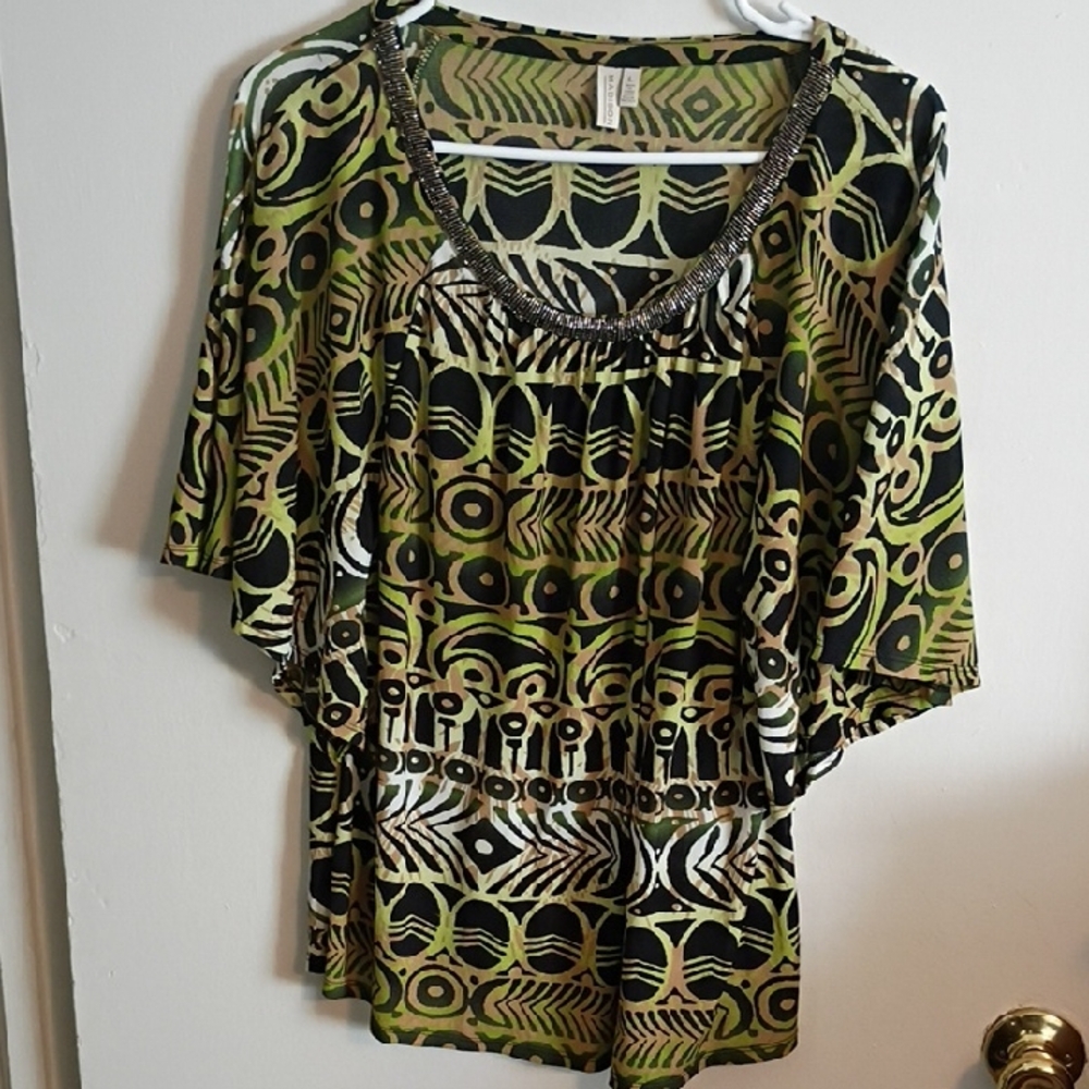 Madison Green and Black Geometric Poncho Top‎ With Embellishments.